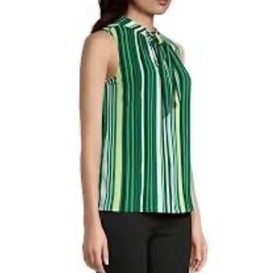 Liz Claiborne Green yellow Multi-Stripe tie neck keyhole sleeveless top L NWT